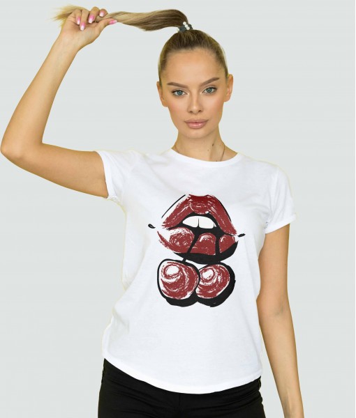 Дамска тениска с щампа Арт Vintage painted red lips with cherries